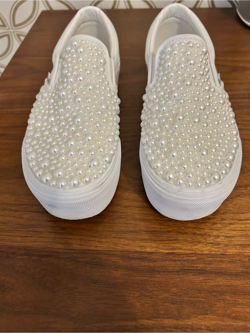 Custom-made Vans Women’s White Pearl-Stud Slip-On Sneakers - Wedding sneaker - Picture 2 of 6